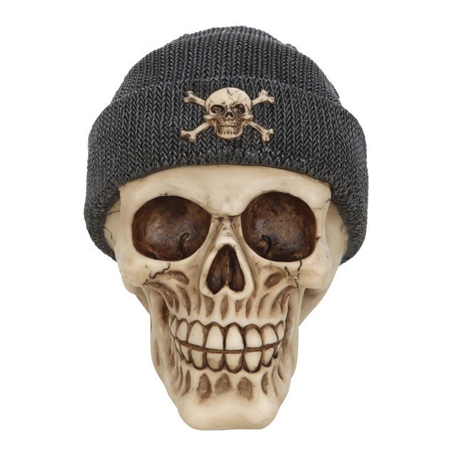 Realistic Resin Skull Ornament with Black Beanie and Handpainted Design