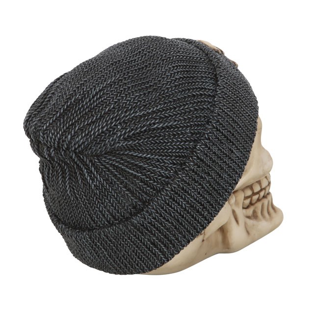 Realistic Resin Skull Ornament with Black Beanie and Handpainted Design