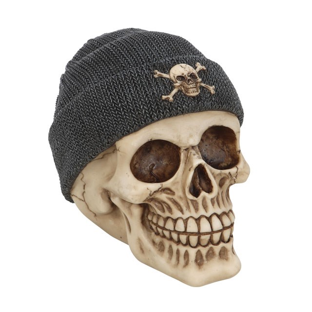 Realistic Resin Skull Ornament with Black Beanie and Handpainted Design