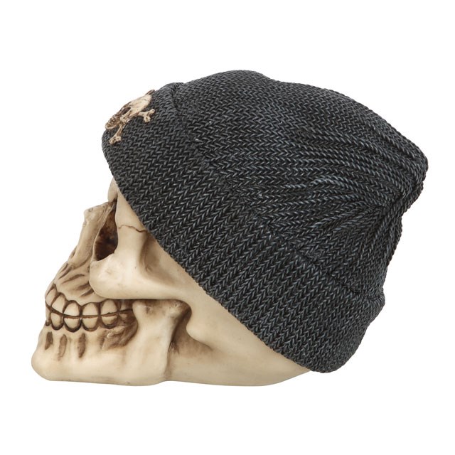 Realistic Resin Skull Ornament with Black Beanie and Handpainted Design