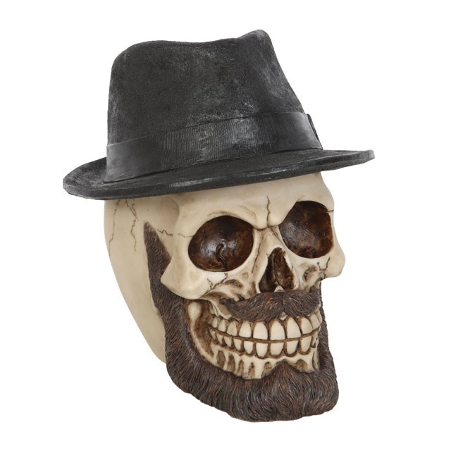 Gothic Skull Ornament with Trilby Hat - Handpainted Resin Figurine Decoration