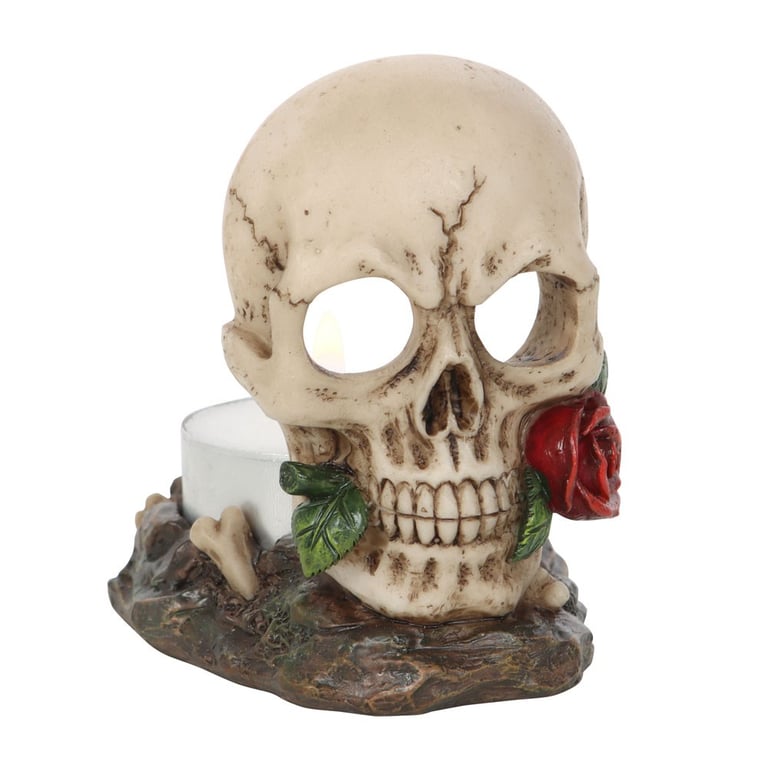 Skull Rose Tealight Holder - Halloween Home Decor with Spooky Red Rose Design
