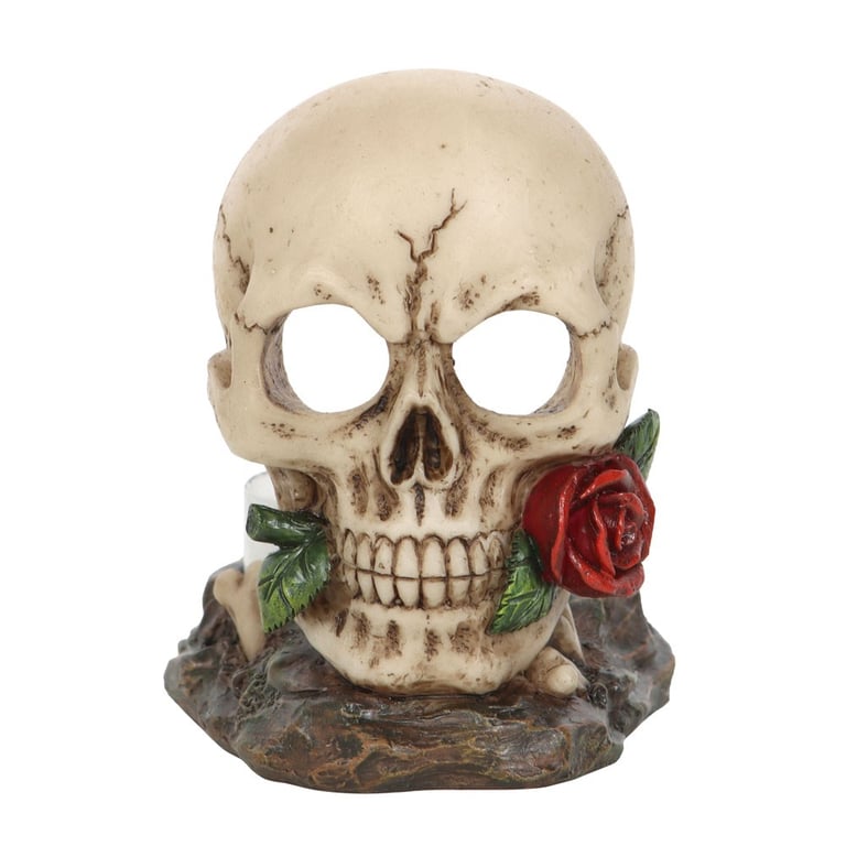 Skull Rose Tealight Holder - Halloween Home Decor with Spooky Red Rose Design