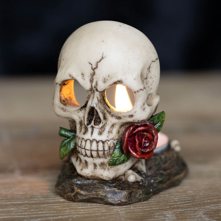 Skull Rose Tealight Holder - Halloween Home Decor with Spooky Red Rose Design