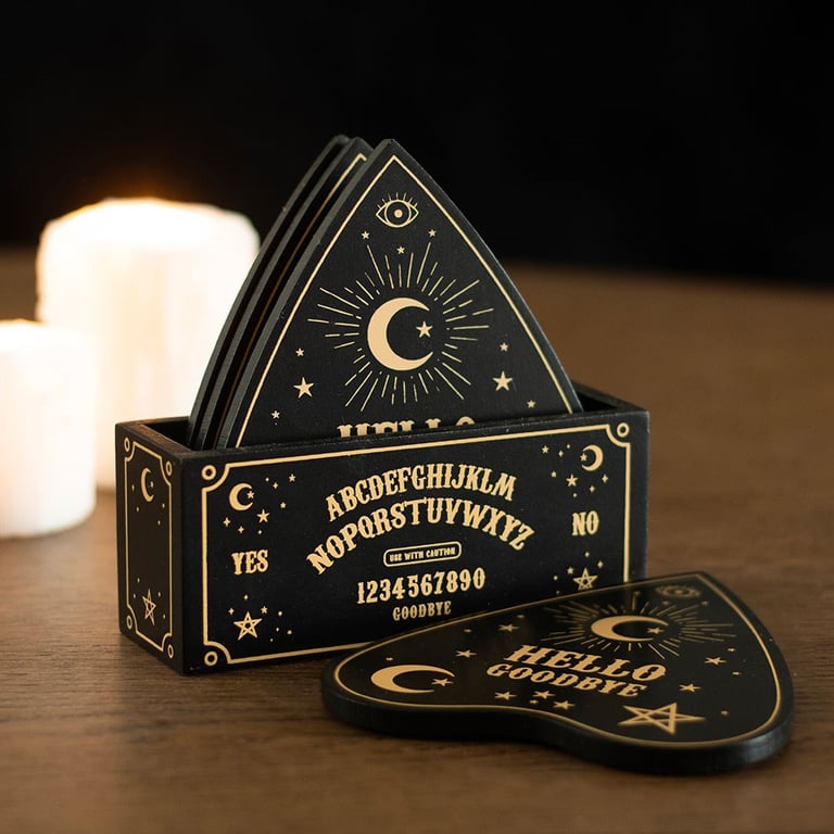 Black Talking Board Planchette Coaster Set - Home Conversation Starters with Celestial Design