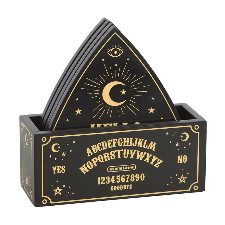 Black Talking Board Planchette Coaster Set - Home Conversation Starters with Celestial Design