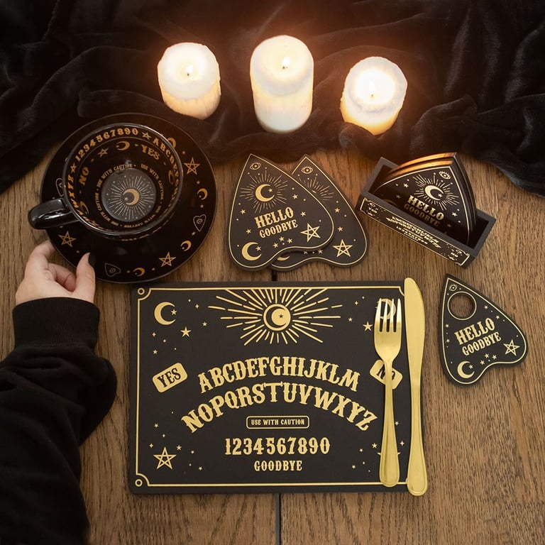 Black Talking Board Planchette Coaster Set - Home Conversation Starters with Celestial Design