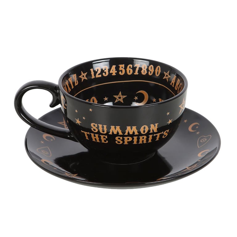 Black Talking Board Ceramic Teacup and Saucer Set - Predict Your Future with Tea Leaf Reading