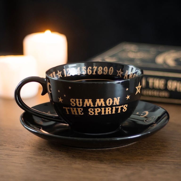 Black Talking Board Ceramic Teacup and Saucer Set - Predict Your Future with Tea Leaf Reading