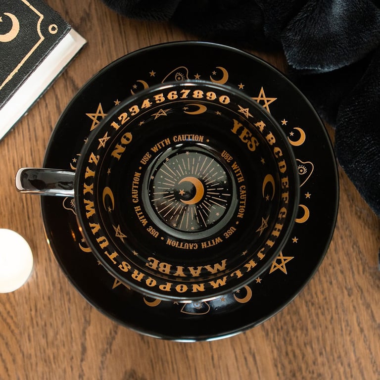 Black Talking Board Ceramic Teacup and Saucer Set - Predict Your Future with Tea Leaf Reading