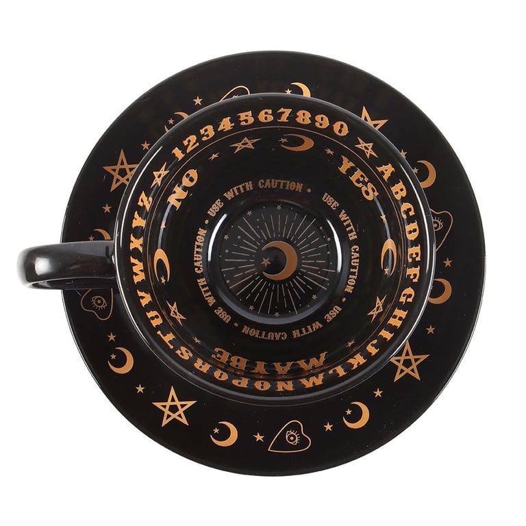 Black Talking Board Ceramic Teacup and Saucer Set - Predict Your Future with Tea Leaf Reading