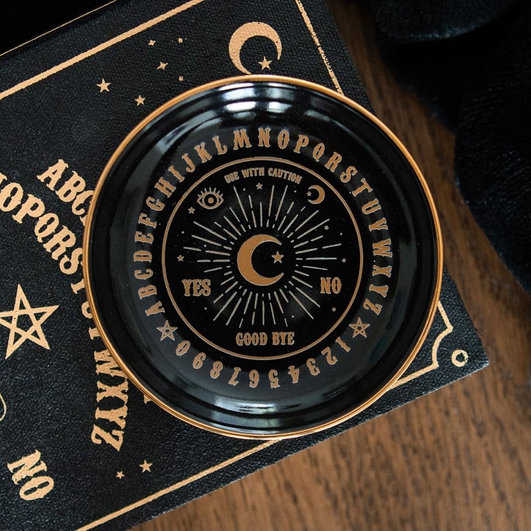Round Black Trinket Dish with Talking Board Design and Premium Gold Finish