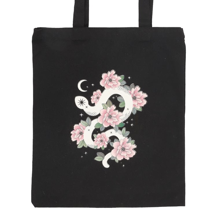 Dark Elegant Floral Snake Polycotton Tote Bag - Witchy Boho Style with Hand Wash Care