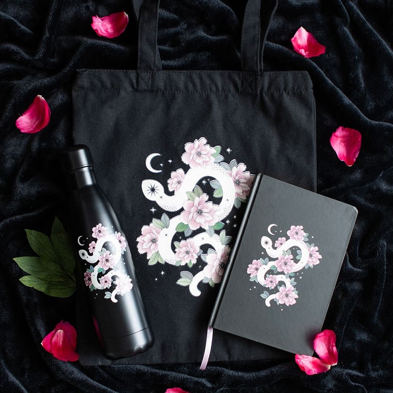 Dark Elegant Floral Snake Polycotton Tote Bag - Witchy Boho Style with Hand Wash Care