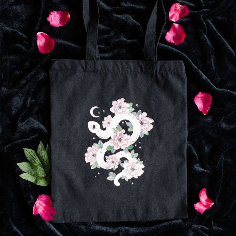 Dark Elegant Floral Snake Polycotton Tote Bag - Witchy Boho Style with Hand Wash Care