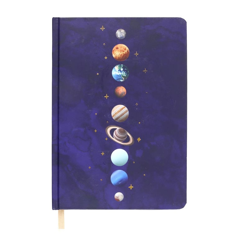 Solar System A5 Notebook - 100 Lined Pages with Gold Foil Accents & 9 Planet Design