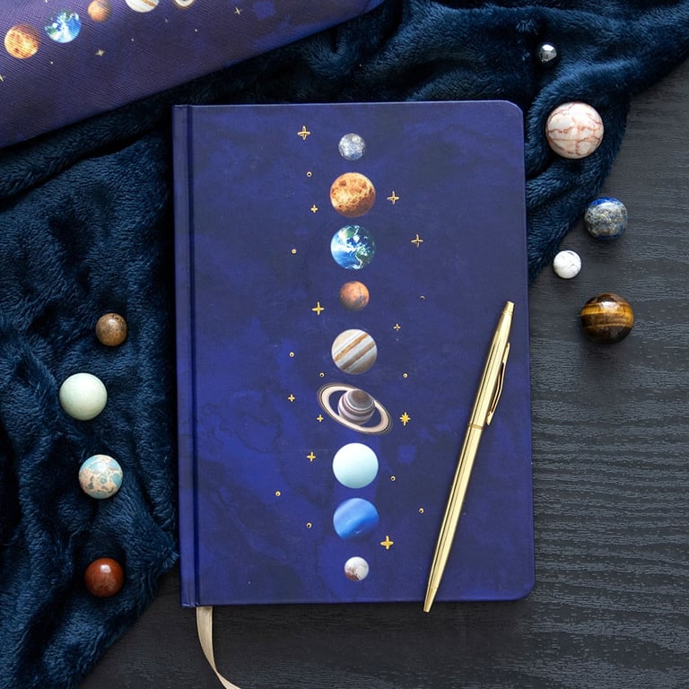 Solar System A5 Notebook - 100 Lined Pages with Gold Foil Accents & 9 Planet Design