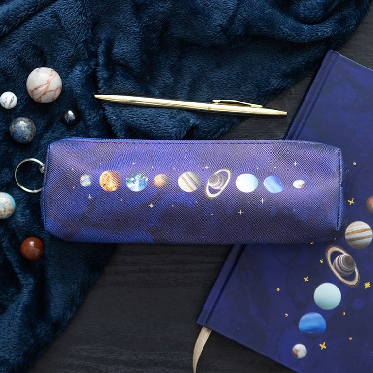 Solar System Pencil Case - Deep Blue Organizer with Gold Stars Design