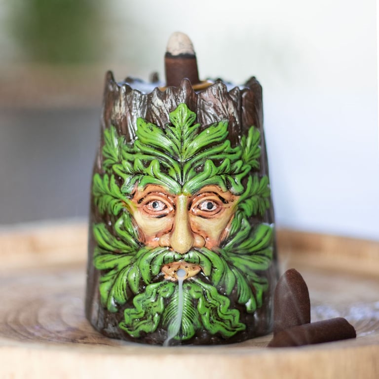 Spirit of the Trees Green Man Resin Backflow Incense Burner - Home Fragrance with Smoke Effect