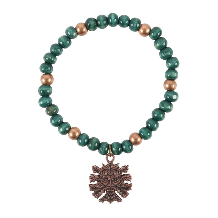 Green Man Wooden Charm Bracelet - Earthy Pendant Necklace with Lobster Clasp Closure