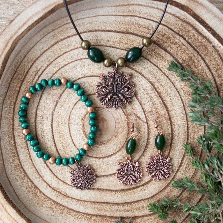 Green Man Copper and Wood Beaded Earrings