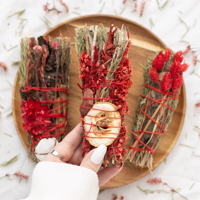 Ritual Wand Smudge Stick with Rosemary & Sage, Red Jasper Crystal, Purify and Cleanse Your Space