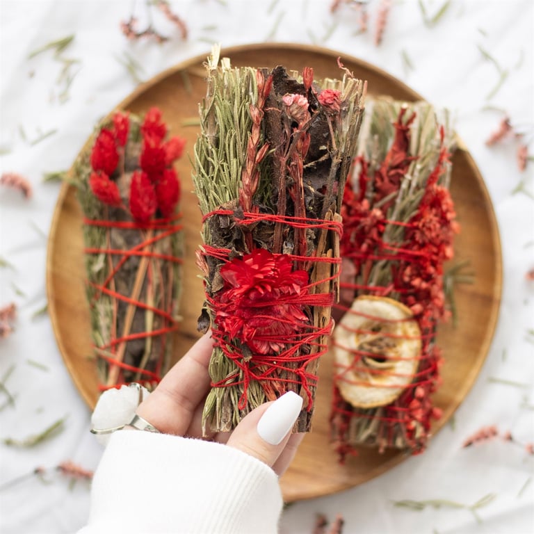 Ritual Wand Smudge Stick with Rosemary and Red Flowers - Natural Purification and Cleansing for Spaces