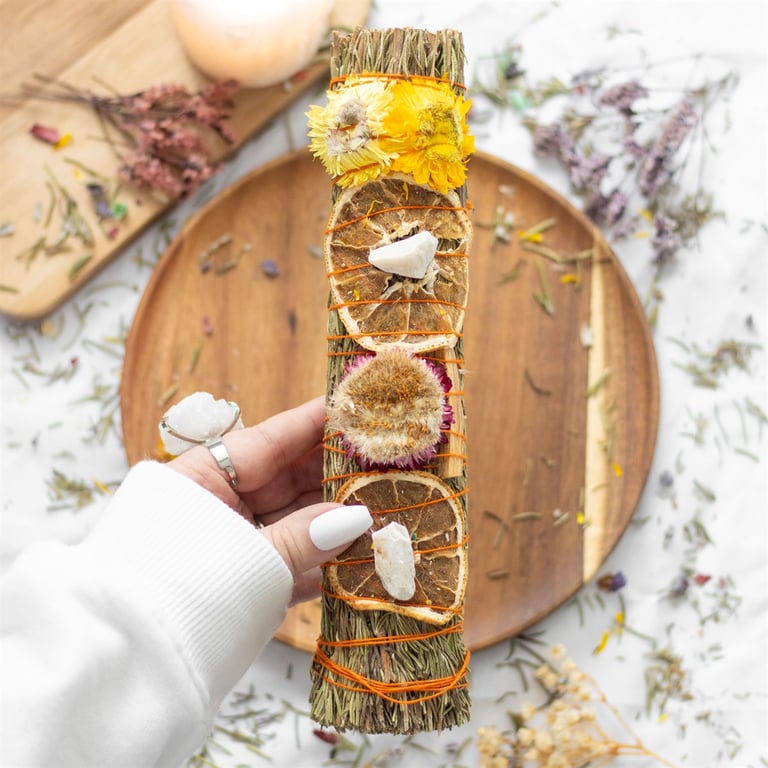 Rosemary Palo Santo Quartz Smudge Stick Ritual Wand - Purify and Cleanse Your Space