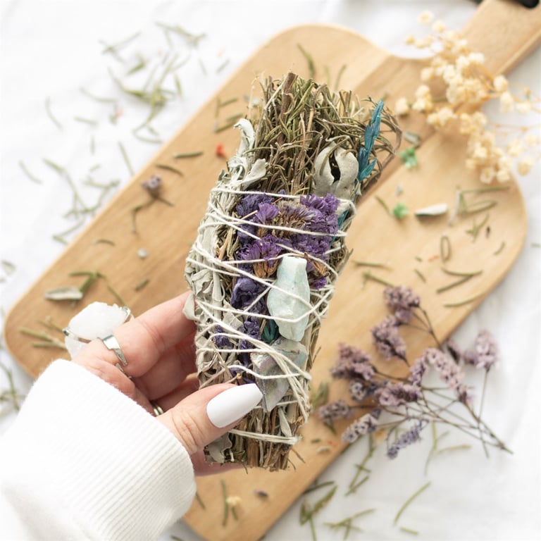 Rosemary Sage Aventurine Smudge Stick Ritual Wand for Cleansing and Purification