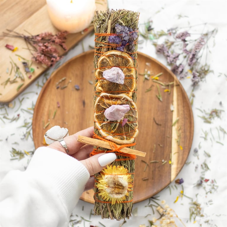 9in Ritual Wand Smudge Stick with Rosemary, Lavender & Orange - Native American Cleansing Bundle