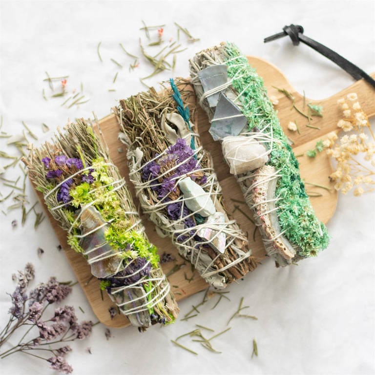 White Sage Smudge Stick Ritual Wand with Abalone Shell and Quartz Crystal - Purify Your Space