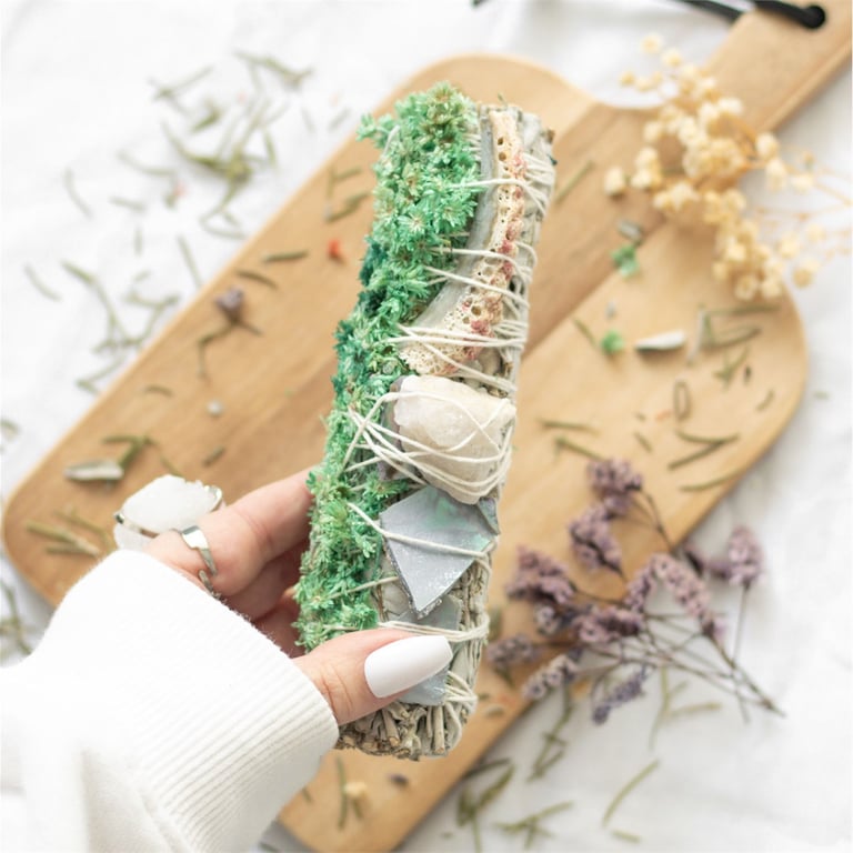 White Sage Smudge Stick Ritual Wand with Abalone Shell and Quartz Crystal - Purify Your Space