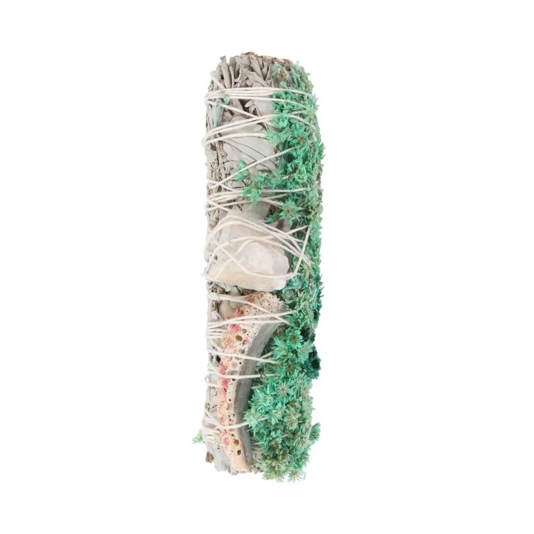 White Sage Smudge Stick Ritual Wand with Abalone Shell and Quartz Crystal - Purify Your Space