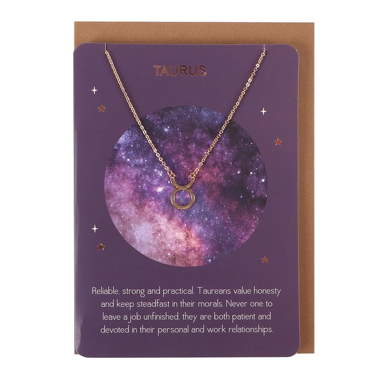 Taurus Zodiac Necklace Card - Gold Tone Chain, Nickel-Free Stainless Steel