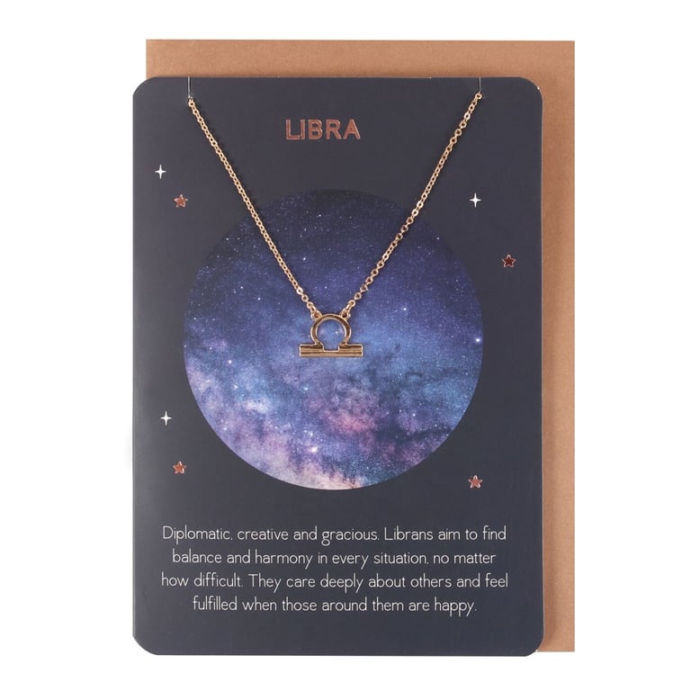 Libra Zodiac Necklace Set - Gold-Tone Chain & Matching Greeting Card