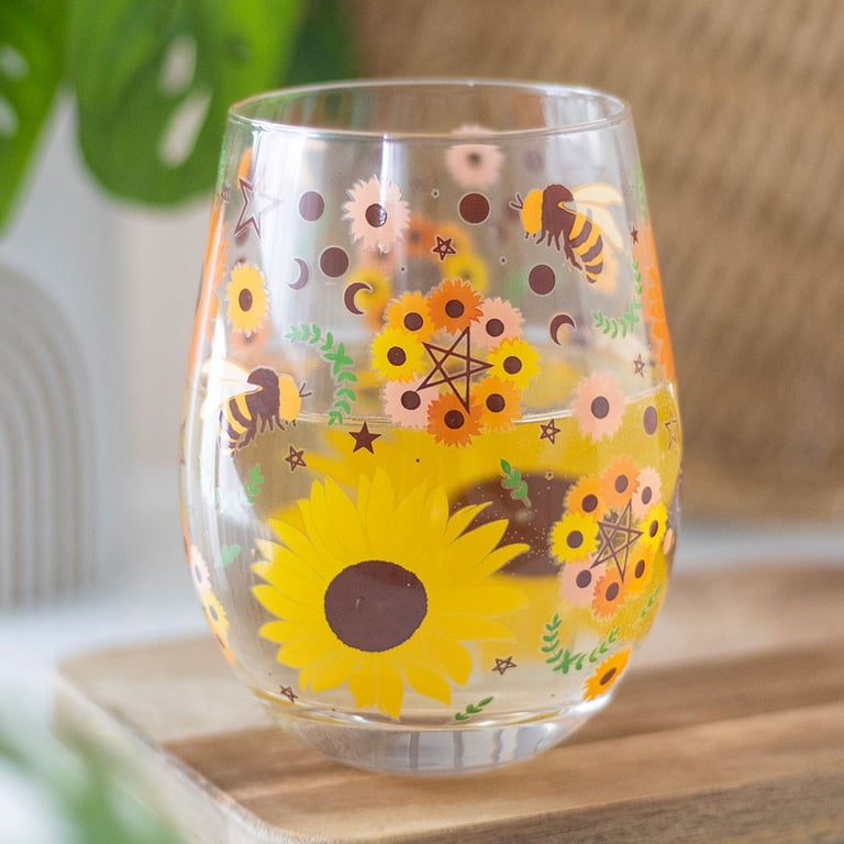 Summer Solstice Print Stemless Glass - Vibrant Sunflower Design, 450ml Capacity, Handwash Only