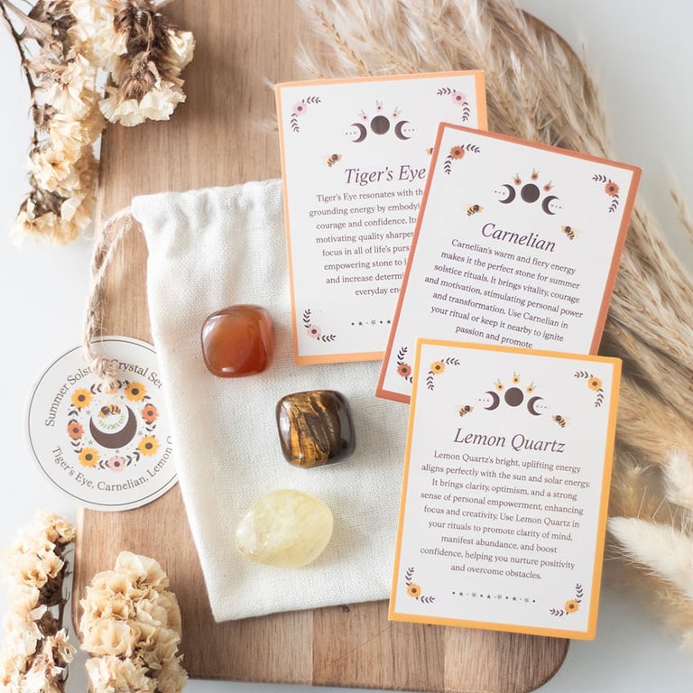 Summer Solstice Crystal Set - Empowering Meditations with Tiger s Eye, Carnelian & Lemon Quartz