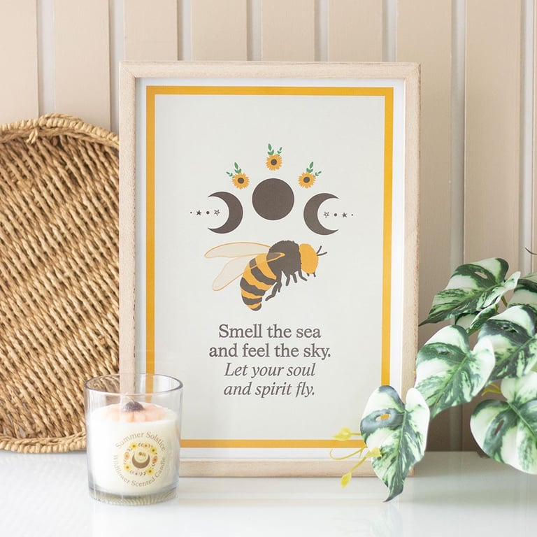 Summer Solstice Bee Framed Wall Art Print - Rustic Wooden Frame & Inspirational Text