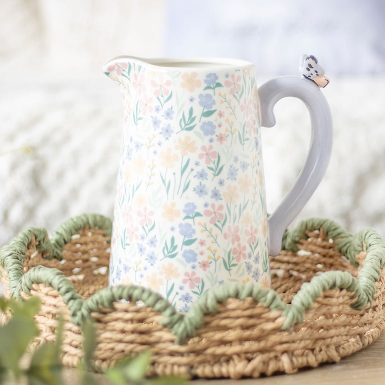 Ditsy Floral Print Ceramic Flower Jug - 1300ml Capacity, Spring Garden Decor