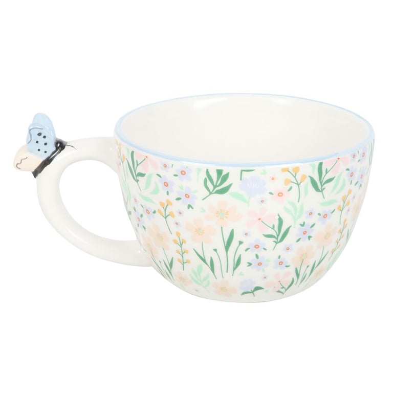 Hello Beautiful Ditsy Floral Print Ceramic Mug with Butterfly Handle