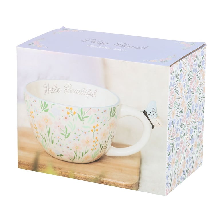 Hello Beautiful Ditsy Floral Print Ceramic Mug with Butterfly Handle