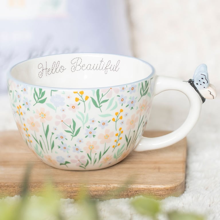 Hello Beautiful Ditsy Floral Print Ceramic Mug with Butterfly Handle