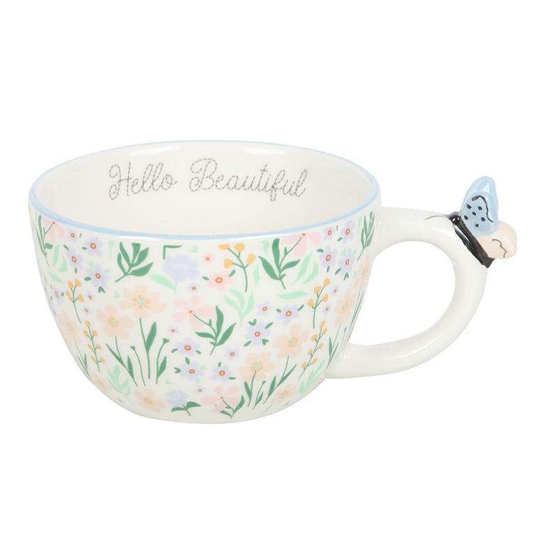 Hello Beautiful Ditsy Floral Print Ceramic Mug with Butterfly Handle