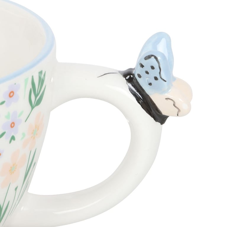 Hello Beautiful Ditsy Floral Print Ceramic Mug with Butterfly Handle