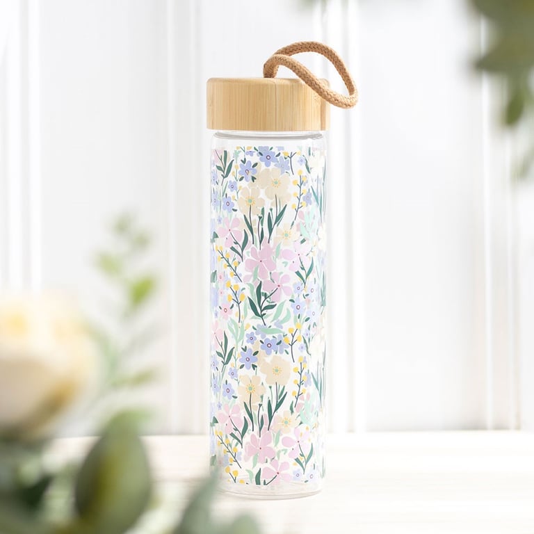 Glass and Bamboo Ditsy Floral Print Water Bottle - 550ml Capacity, Hand Wash Only
