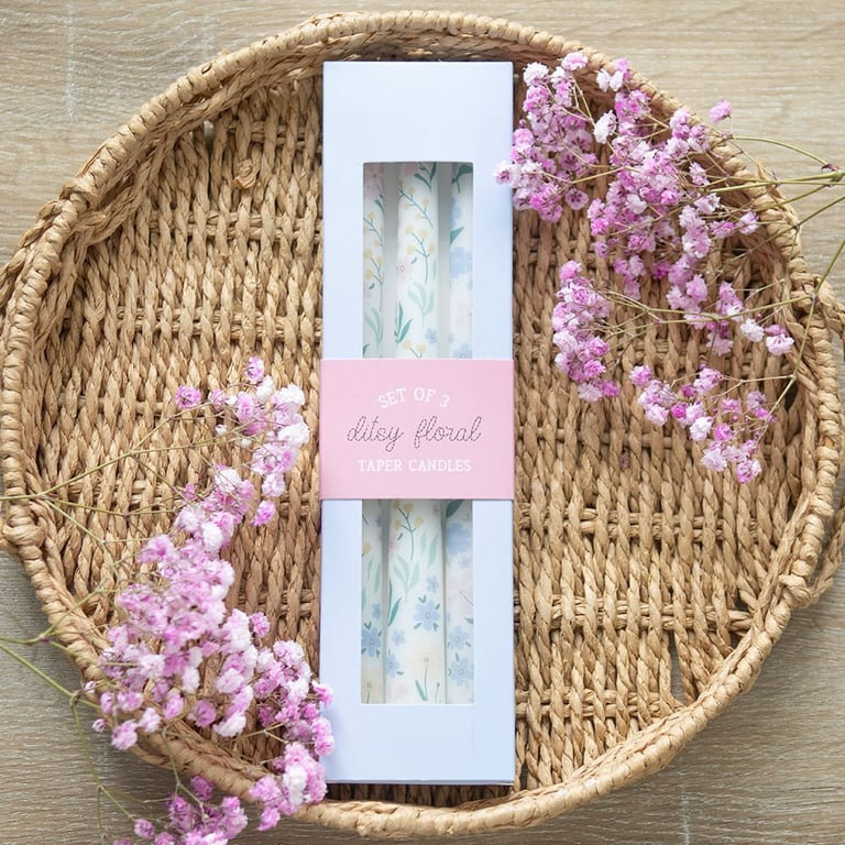 Ditsy Floral Taper Candles - 3 Piece Set, Paraffin Wax, 5 Hour Burn Time