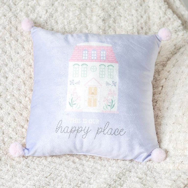 35cm Square This Is Our Happy Place Cushion - Pastel Blue & Pink Home Decor