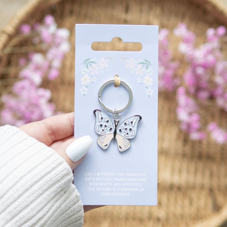 Elegant Silver Butterfly Keyring - Metal Bag Accessory with Strength Reminder