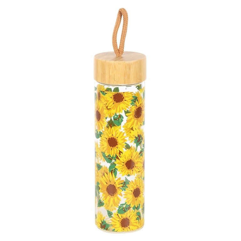 Sunflower Print Glass Water Bottle - 600ml Capacity, Bamboo Lid and Portable Design