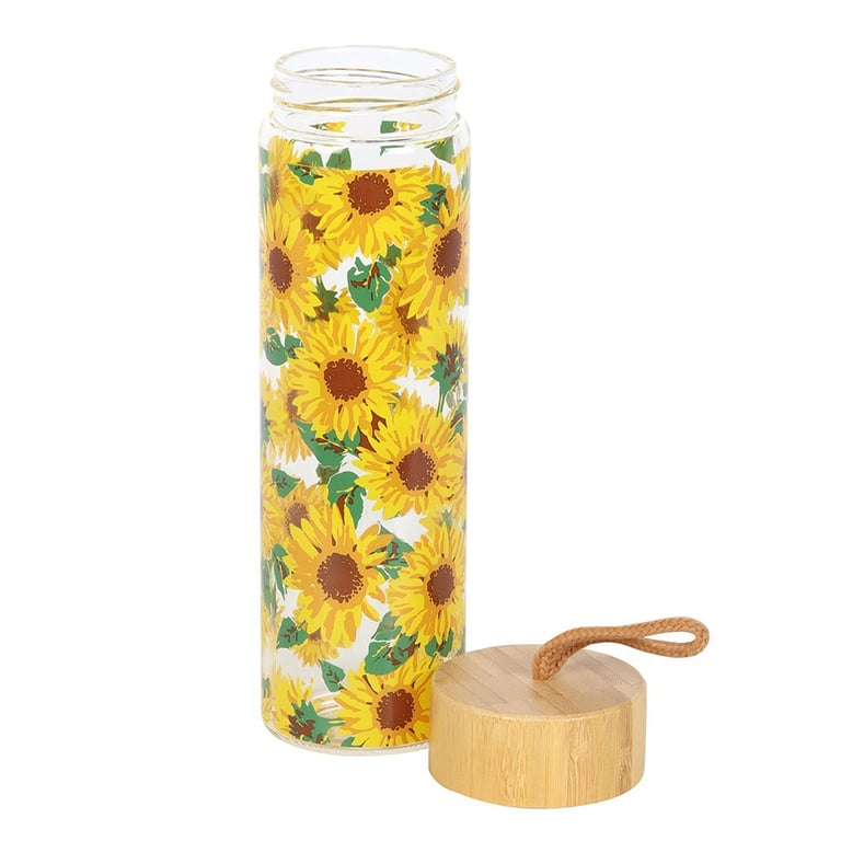 Sunflower Print Glass Water Bottle - 600ml Capacity, Bamboo Lid and Portable Design